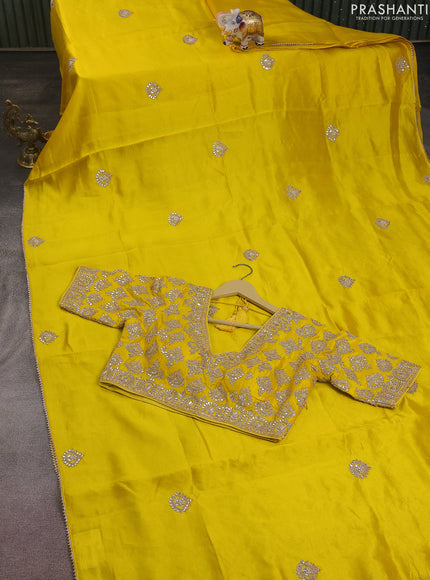 Chiniya silk saree yellow with embroided buttas
