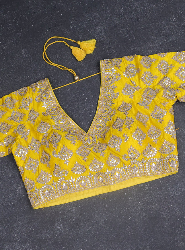 Chiniya silk saree yellow with embroided buttas