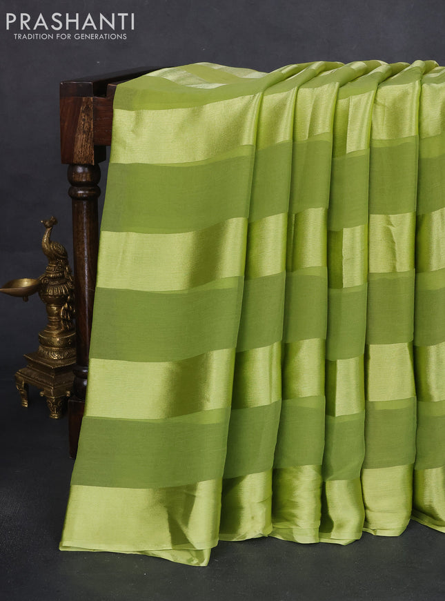 Satin chiffon silk saree fluorescent green with stripe pattern