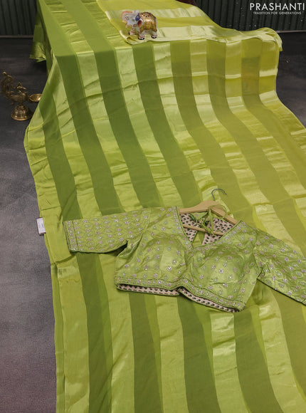 Satin chiffon silk saree fluorescent green with stripe pattern