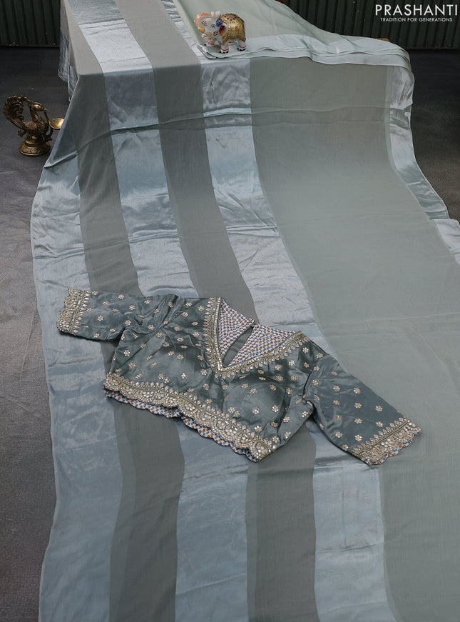 Satin chiffon silk saree pastel grey with stripe pattern