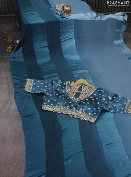 Satin chiffon silk saree pastel blue peacock blue with stripe pattern