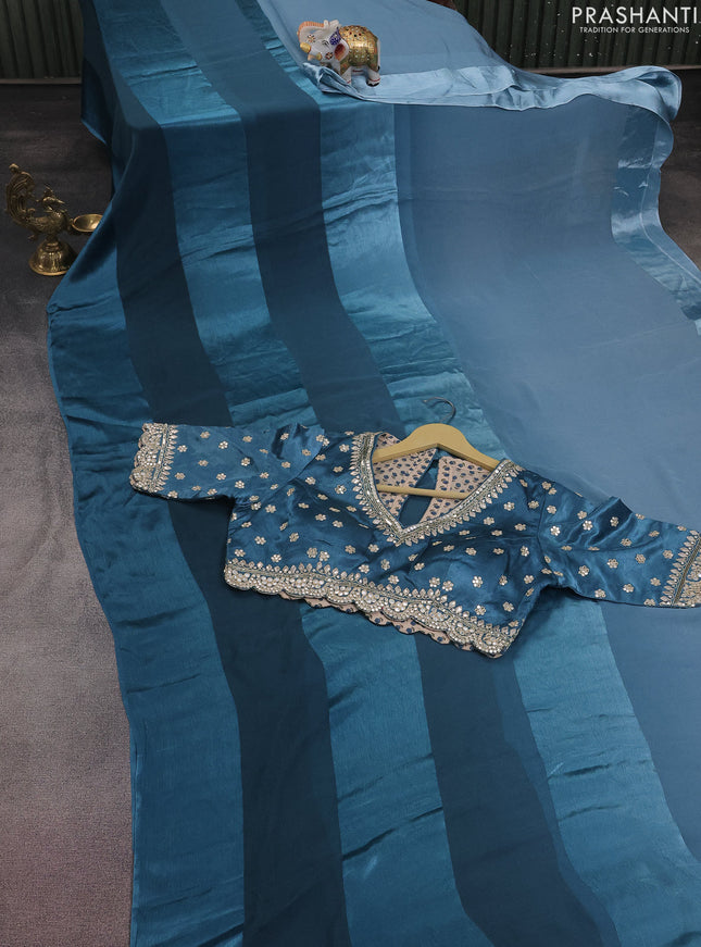 Satin chiffon silk saree pastel blue peacock blue with stripe pattern