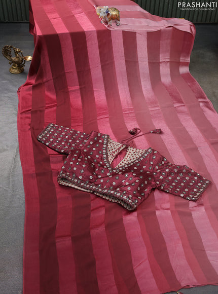 Satin chiffon silk saree pastel maroon and deep maroon with stripe pattern