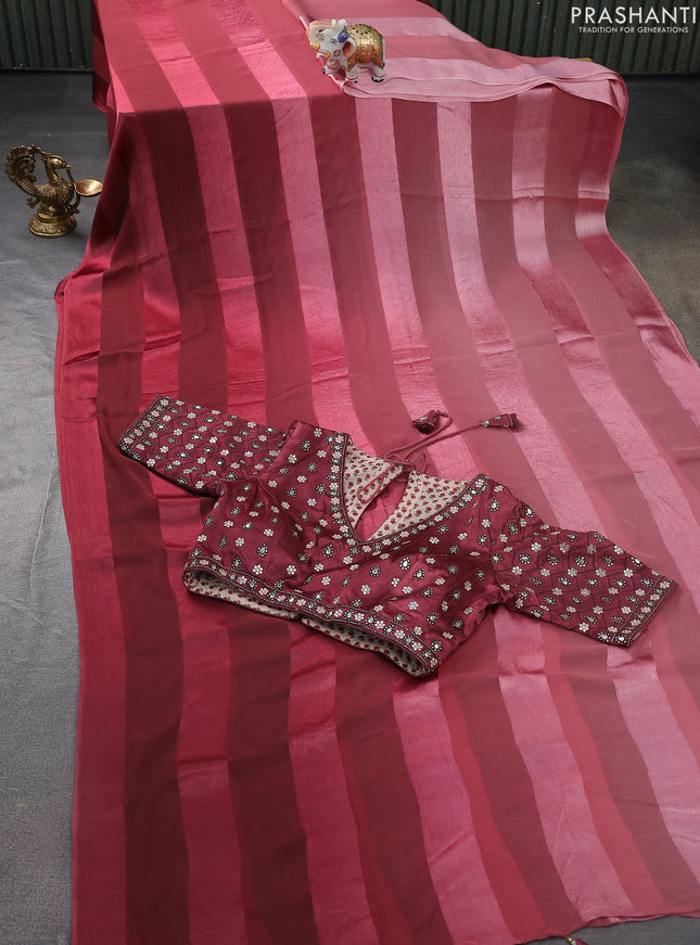 Satin chiffon silk saree pastel maroon and deep maroon with stripe pattern
