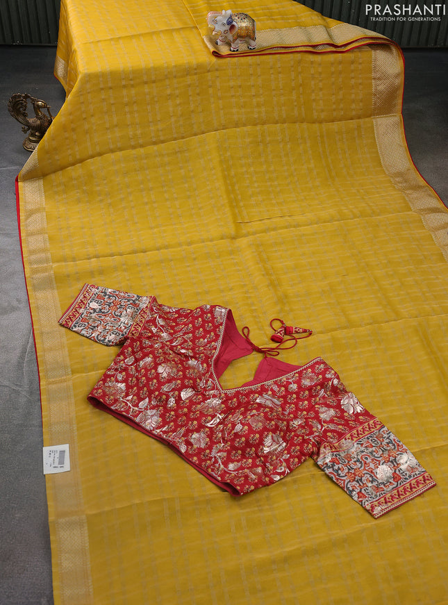 Tissue silk saree yellow and red with zari checked pattern & mirror work buttas