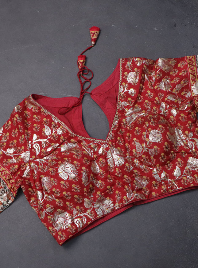 Tissue silk saree yellow and red with zari checked pattern & mirror work buttas