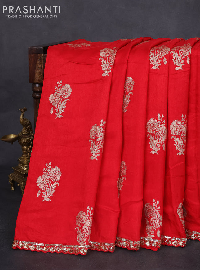 Banarasi silk saree red with floral zari buttas & sequin work border