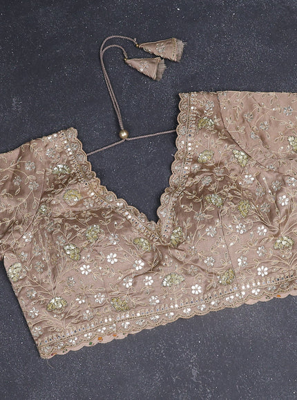 Tissue silk saree chikku shade with allover zari stripe pattern & zari border