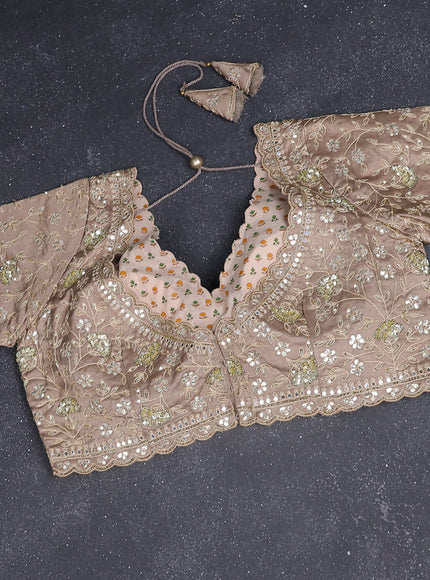 Tissue silk saree chikku shade with allover zari stripe pattern & zari border