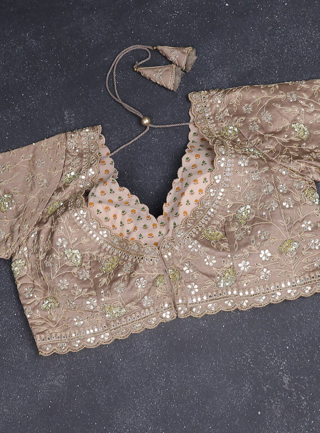 Tissue silk saree chikku shade with allover zari stripe pattern & zari border