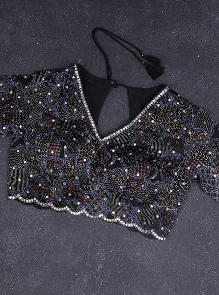 Tissue silk saree beige and black with zari checked pattern & mirror work buttas