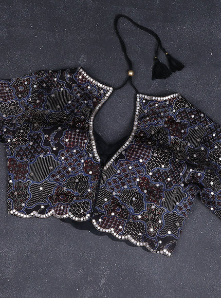 Tissue silk saree beige and black with zari checked pattern & mirror work buttas