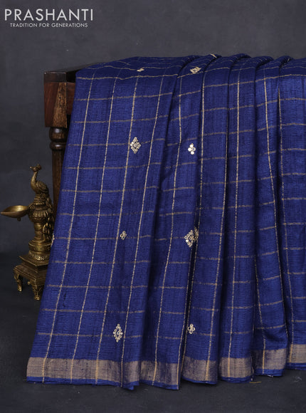 Tussar silk saree navy blue and grey shade with zari checks & mirror work buttas
