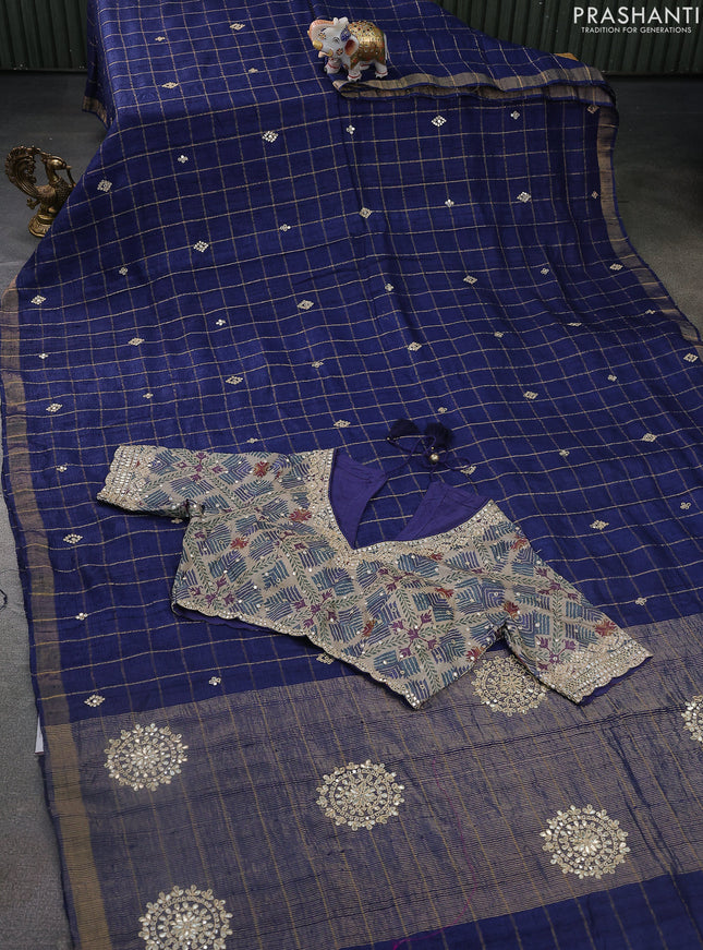 Tussar silk saree navy blue and grey shade with zari checks & mirror work buttas