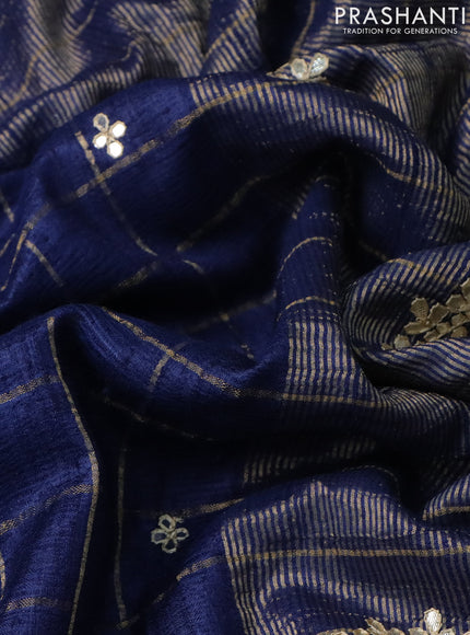 Tussar silk saree navy blue and grey shade with zari checks & mirror work buttas