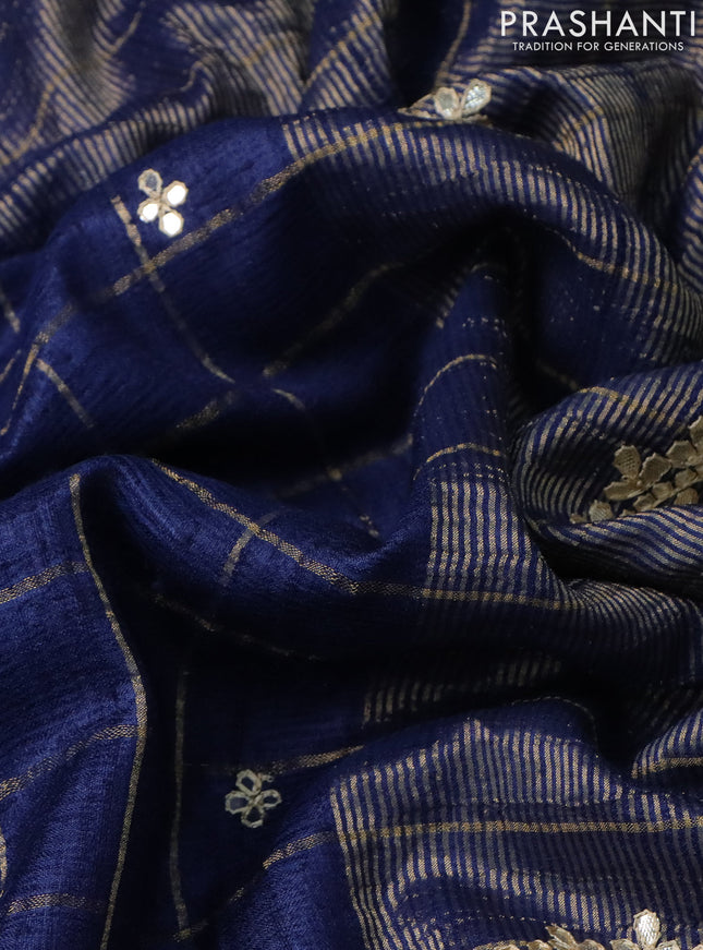 Tussar silk saree navy blue and grey shade with zari checks & mirror work buttas