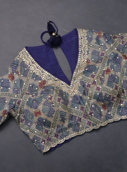 Tussar silk saree navy blue and grey shade with zari checks & mirror work buttas