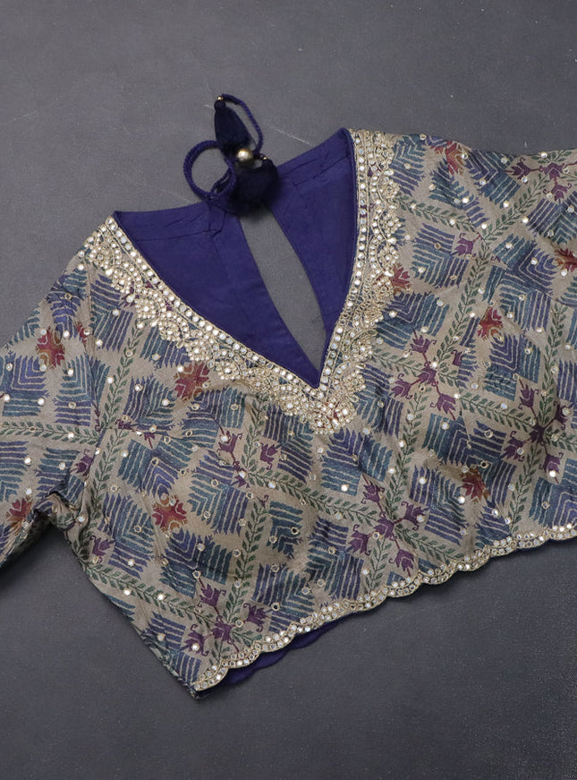 Tussar silk saree navy blue and grey shade with zari checks & mirror work buttas