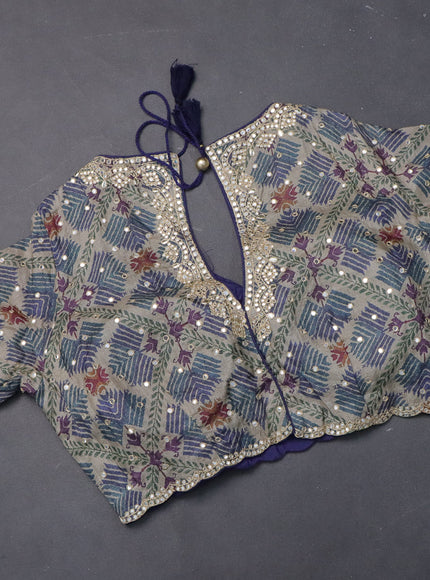 Tussar silk saree navy blue and grey shade with zari checks & mirror work buttas