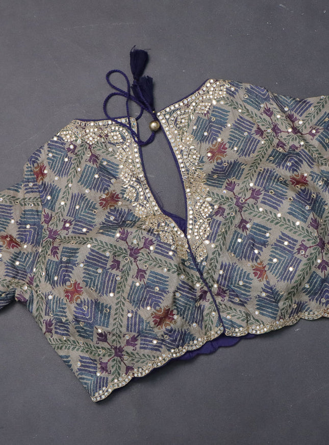 Tussar silk saree navy blue and grey shade with zari checks & mirror work buttas