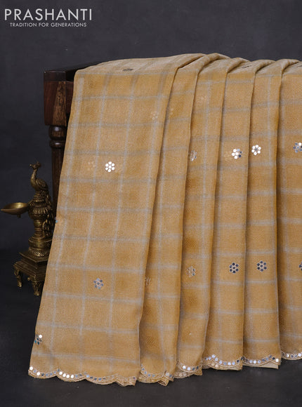 Tissue silk saree sandal and maroon with checked pattern & mirror work pallu