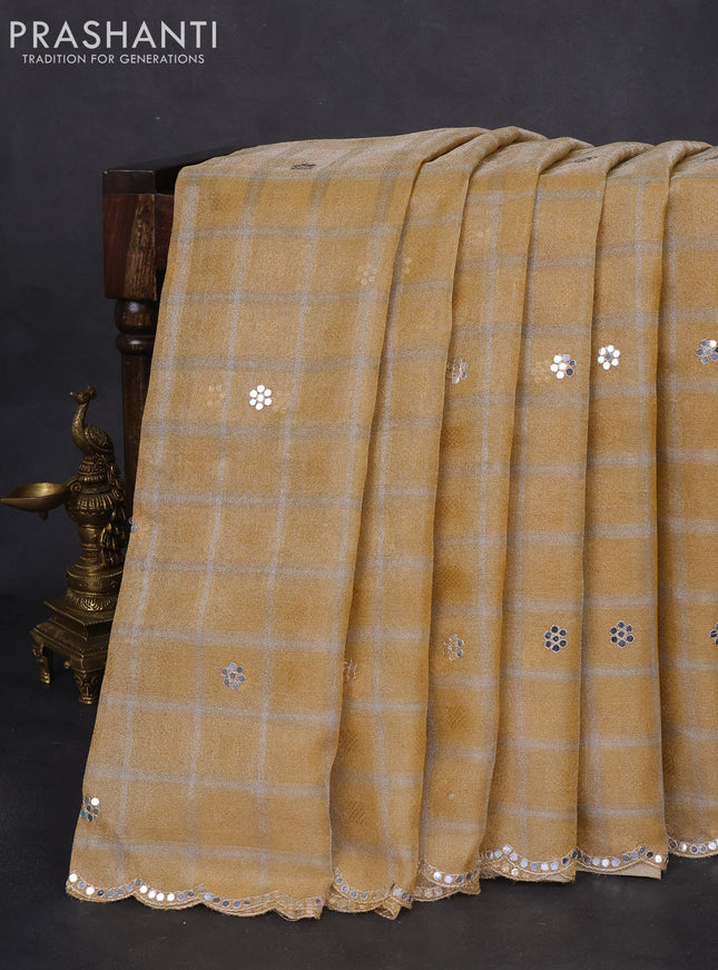 Tissue silk saree sandal and maroon with checked pattern & mirror work pallu