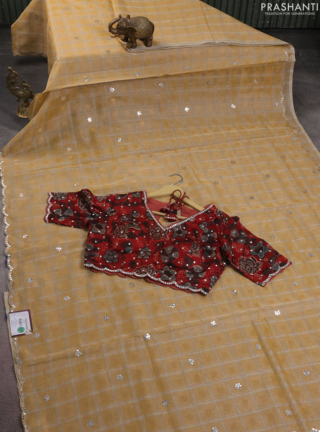 Tissue silk saree sandal and maroon with checked pattern & mirror work pallu