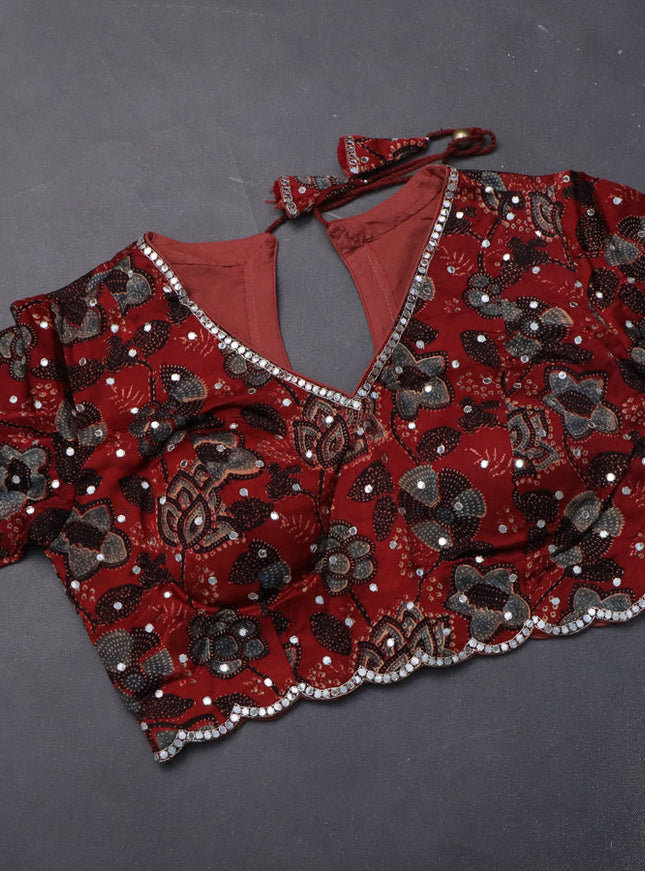 Tissue silk saree sandal and maroon with checked pattern & mirror work pallu