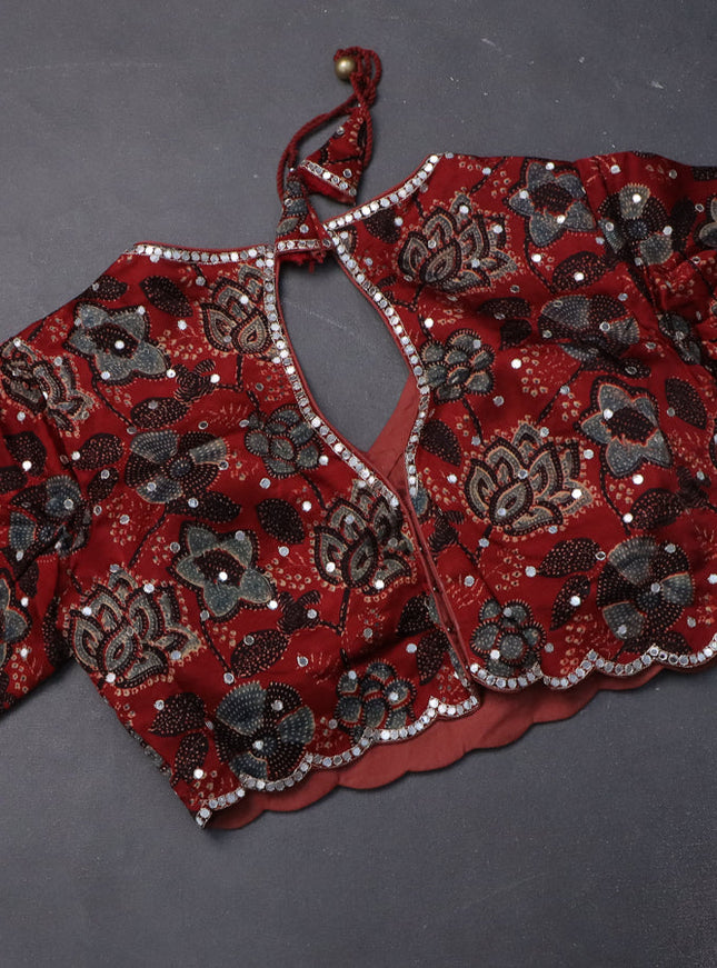 Tissue silk saree sandal and maroon with checked pattern & mirror work pallu