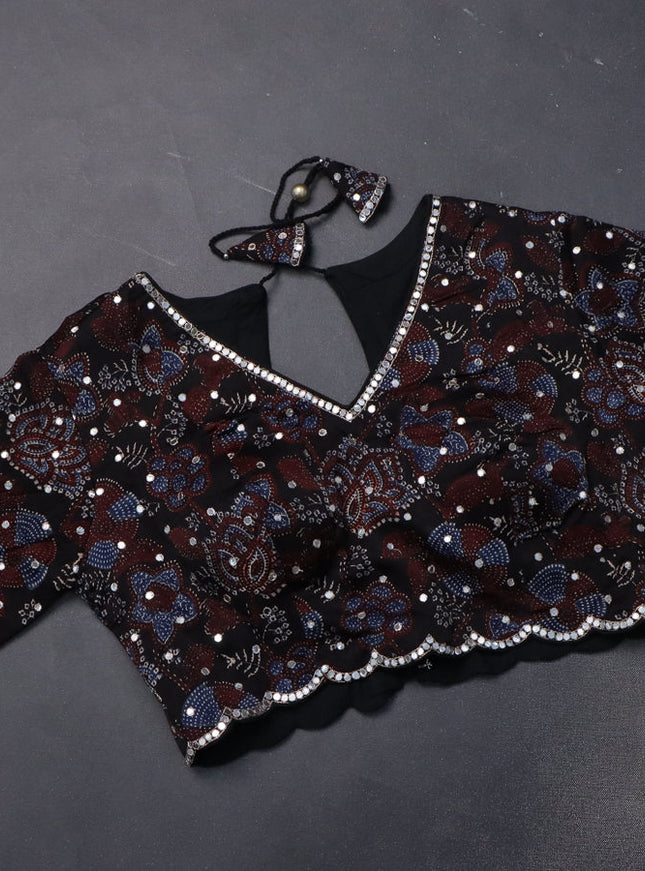 Tissue silk saree beige and black with checked pattern & mirror work pallu