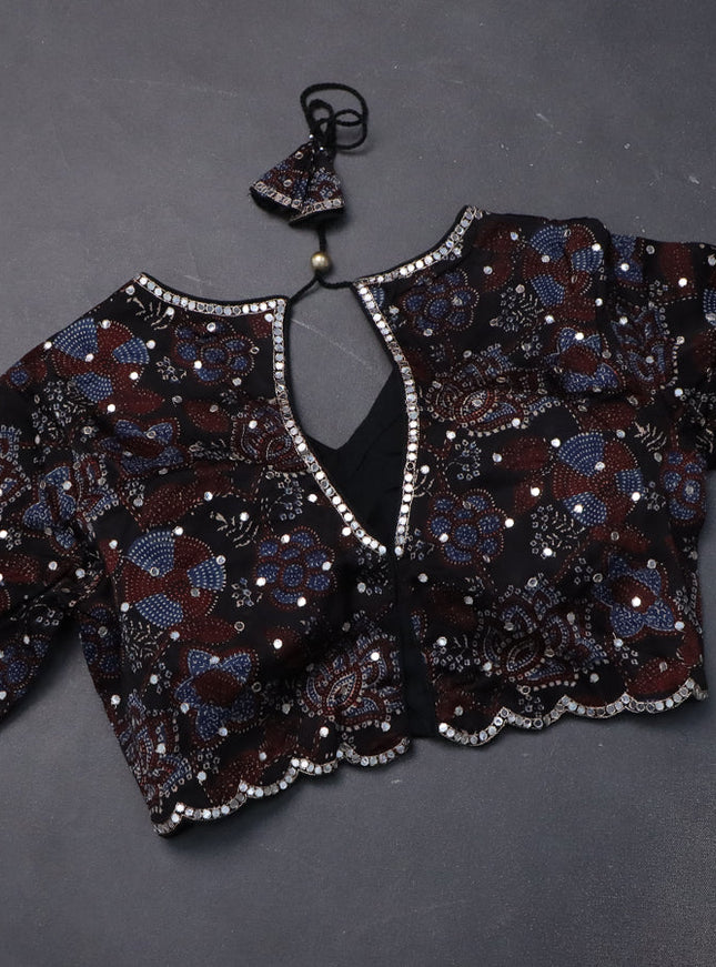 Tissue silk saree beige and black with checked pattern & mirror work pallu