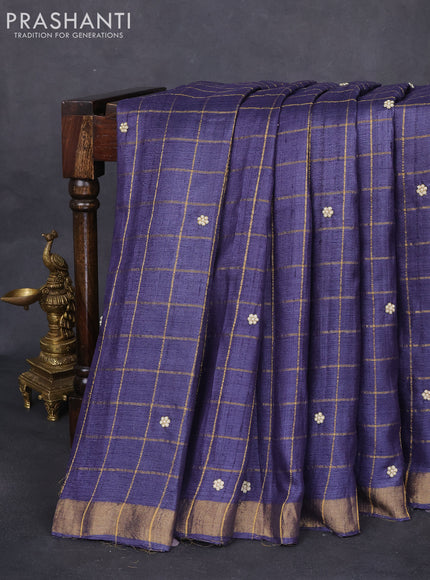 Tussar silk saree dark blue with zari checks & zardosi work