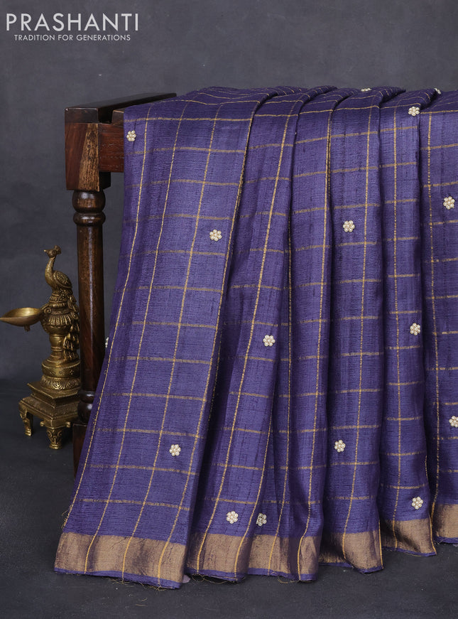 Tussar silk saree dark blue with zari checks & zardosi work