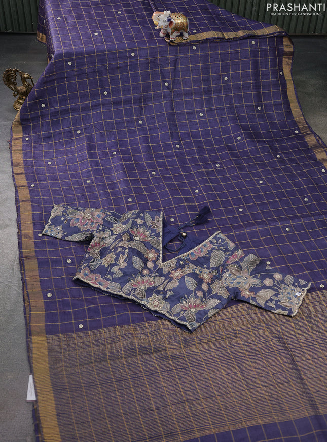 Tussar silk saree dark blue with zari checks & zardosi work