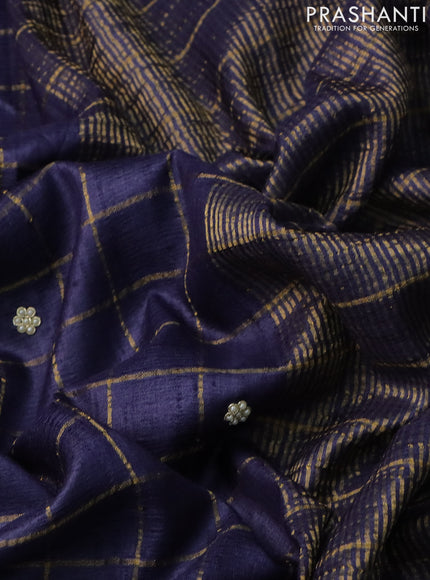 Tussar silk saree dark blue with zari checks & zardosi work