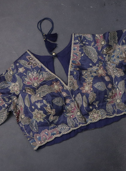 Tussar silk saree dark blue with zari checks & zardosi work