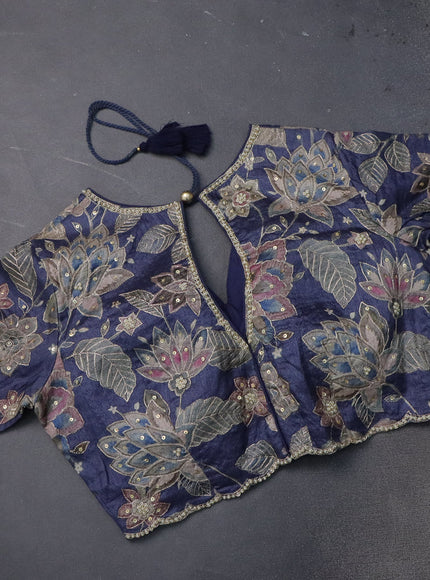 Tussar silk saree dark blue with zari checks & zardosi work