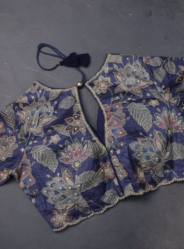 Tussar silk saree dark blue with zari checks & zardosi work