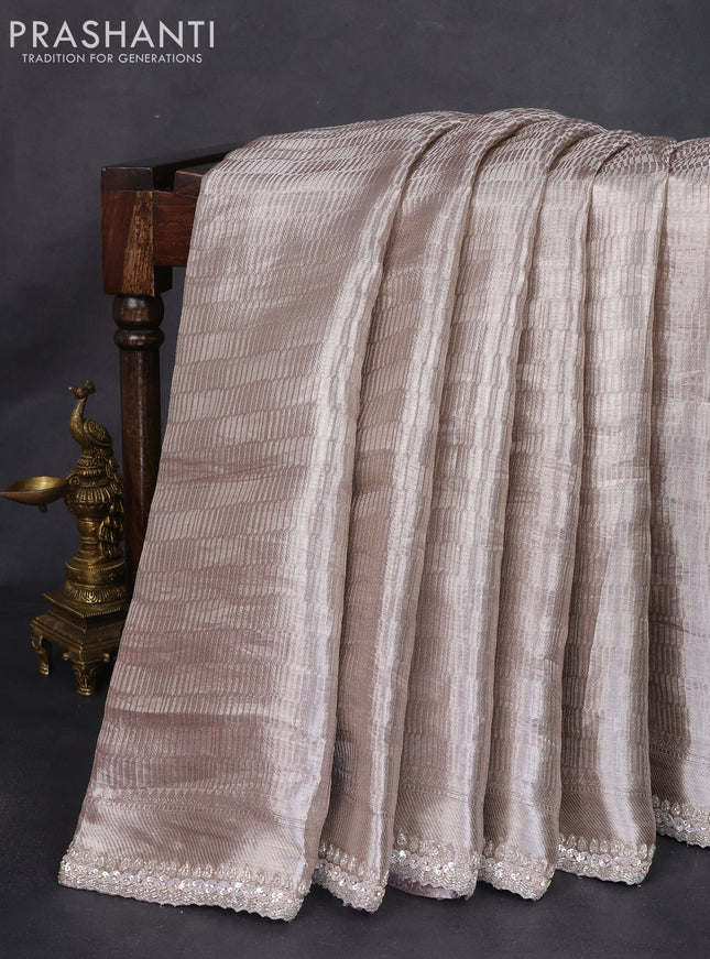 Tissue silk saree pastel pink and violet with silver zari weaves & sequin work border