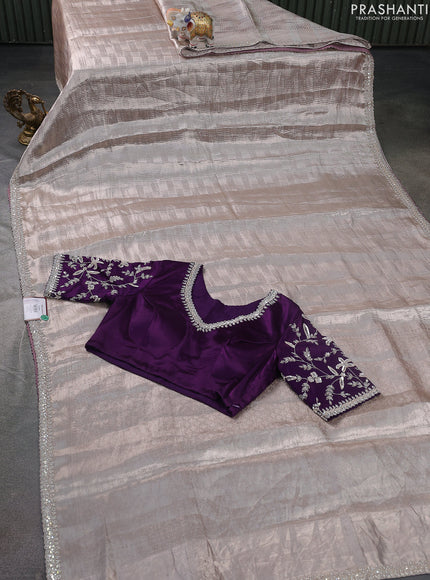 Tissue silk saree pastel pink and violet with silver zari weaves & sequin work border