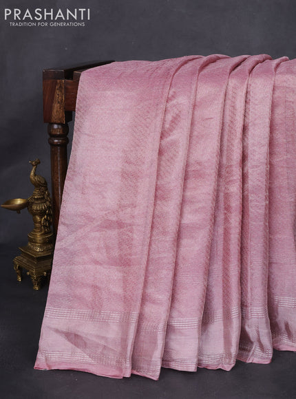 Tissue silk saree peach pink shade and pink with silver zari woven border