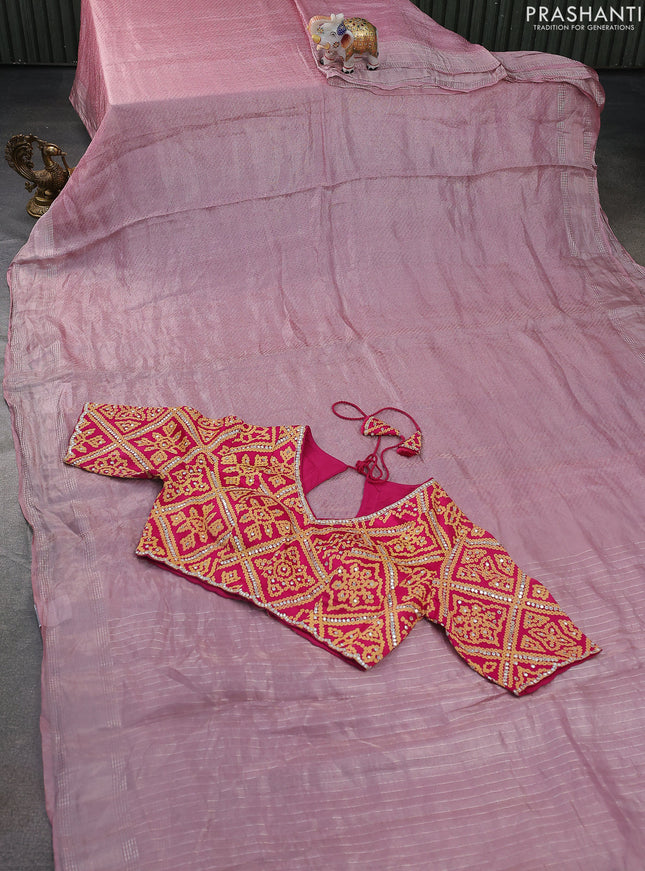 Tissue silk saree peach pink shade and pink with silver zari woven border