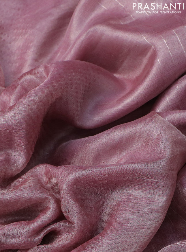 Tissue silk saree peach pink shade and pink with silver zari woven border