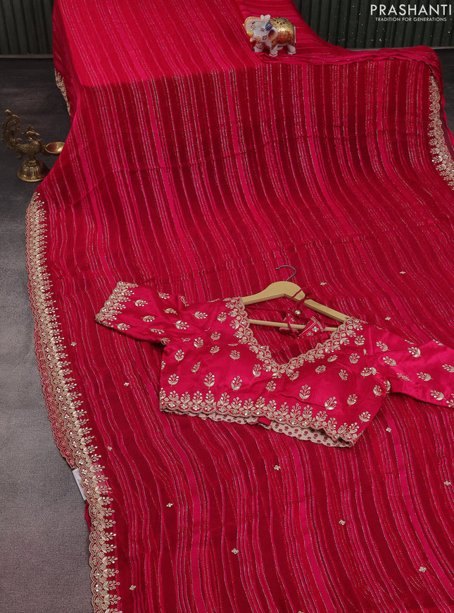 Chiffon silk saree pink with silver zari weaves & gotapatti embroidery pallu