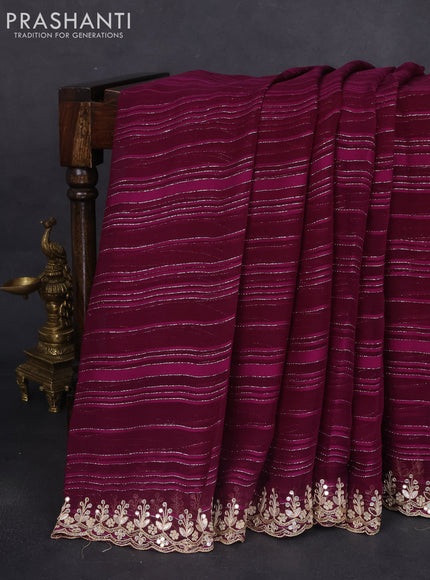 Chiffon silk saree wine shade with silver zari weaves & gotapatti embroidery pallu