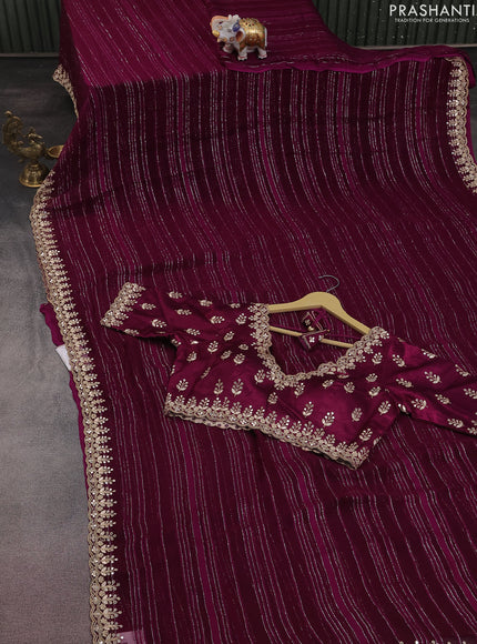 Chiffon silk saree wine shade with silver zari weaves & gotapatti embroidery pallu