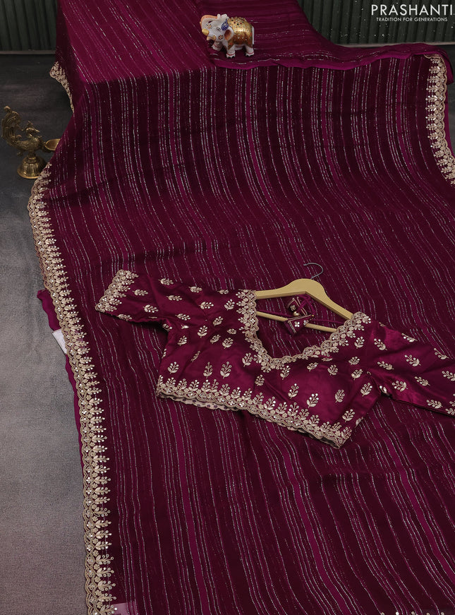 Chiffon silk saree wine shade with silver zari weaves & gotapatti embroidery pallu