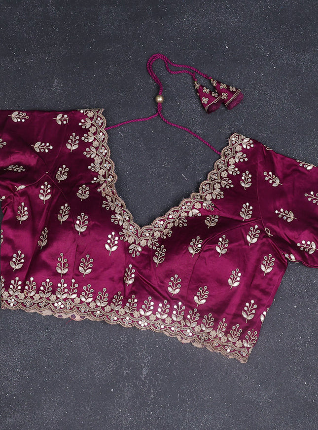 Chiffon silk saree wine shade with silver zari weaves & gotapatti embroidery pallu
