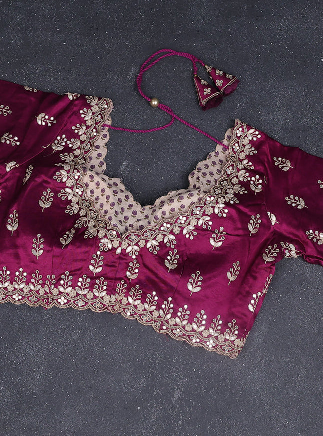 Chiffon silk saree wine shade with silver zari weaves & gotapatti embroidery pallu